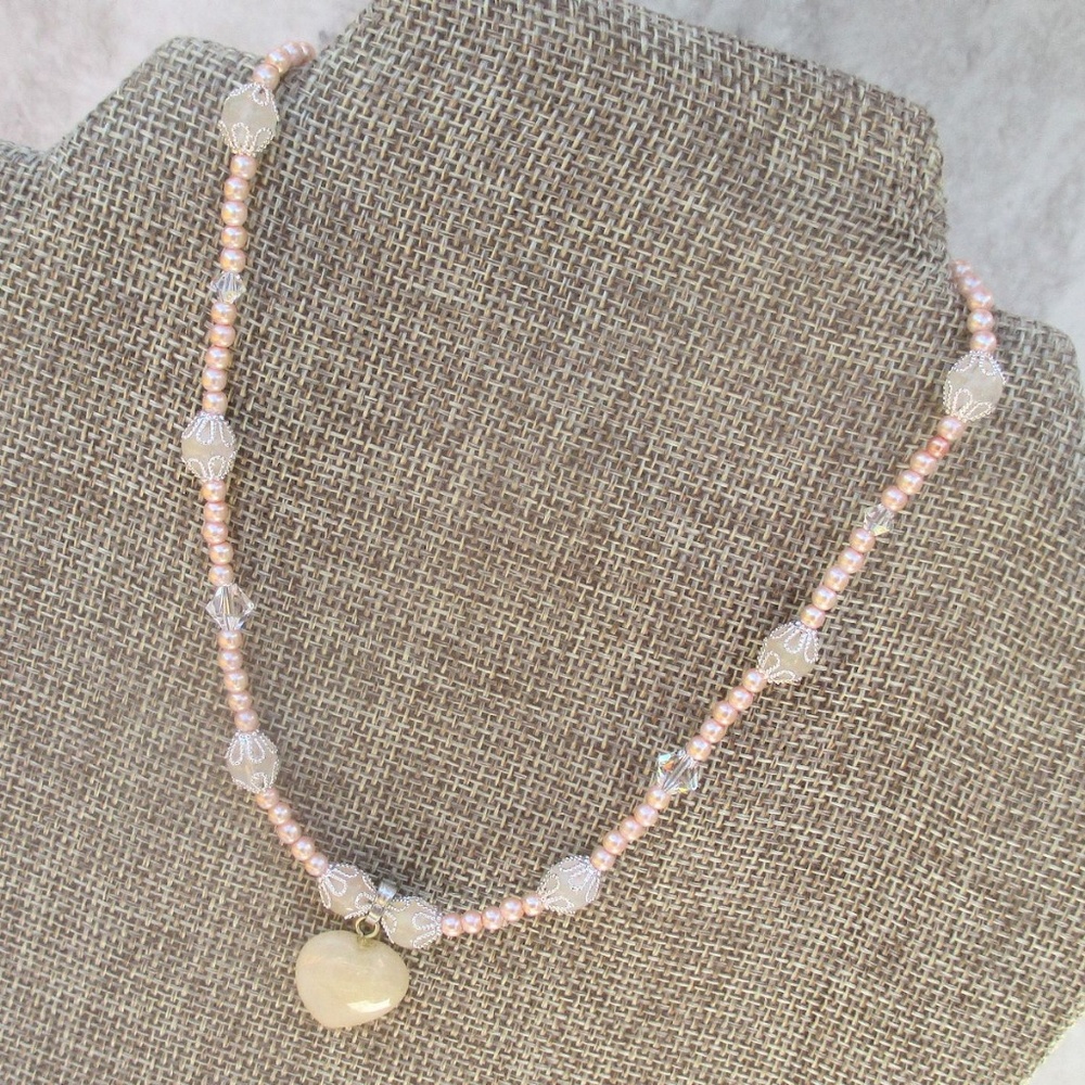Peaches and Cream Pearl Heart Necklace Handmade